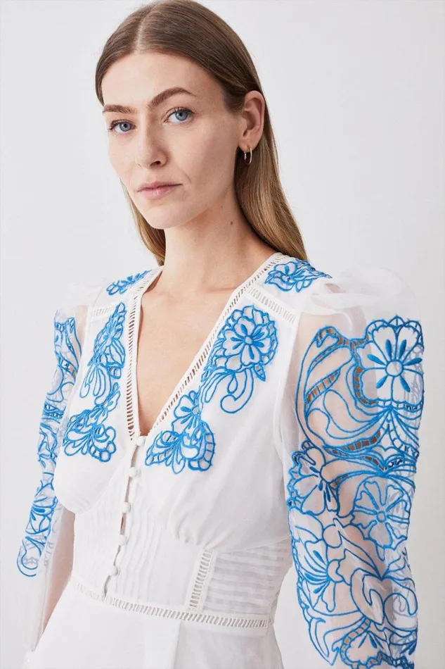 Cutwork Organdie Buttoned Woven Midi Dress White Women Karen Millen Dresses