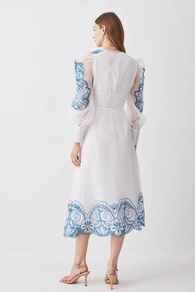 Cutwork Organdie Buttoned Woven Midi Dress White Women Karen Millen Dresses