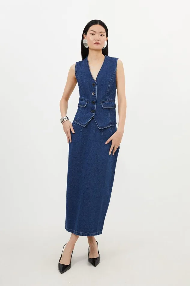 Denim Contrast Stitch Detail Button Through Waistcoat Mid Blue Women Karen Millen Tops
