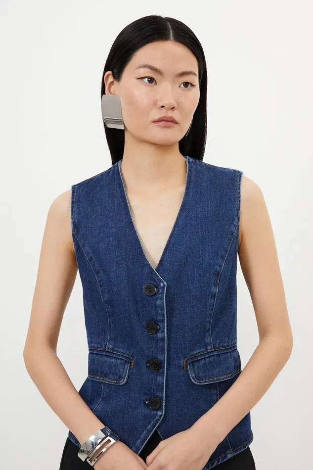 Denim Contrast Stitch Detail Button Through Waistcoat Mid Blue Women Karen Millen Tops