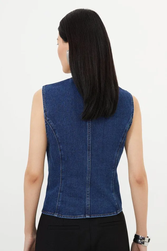 Denim Contrast Stitch Detail Button Through Waistcoat Mid Blue Women Karen Millen Tops