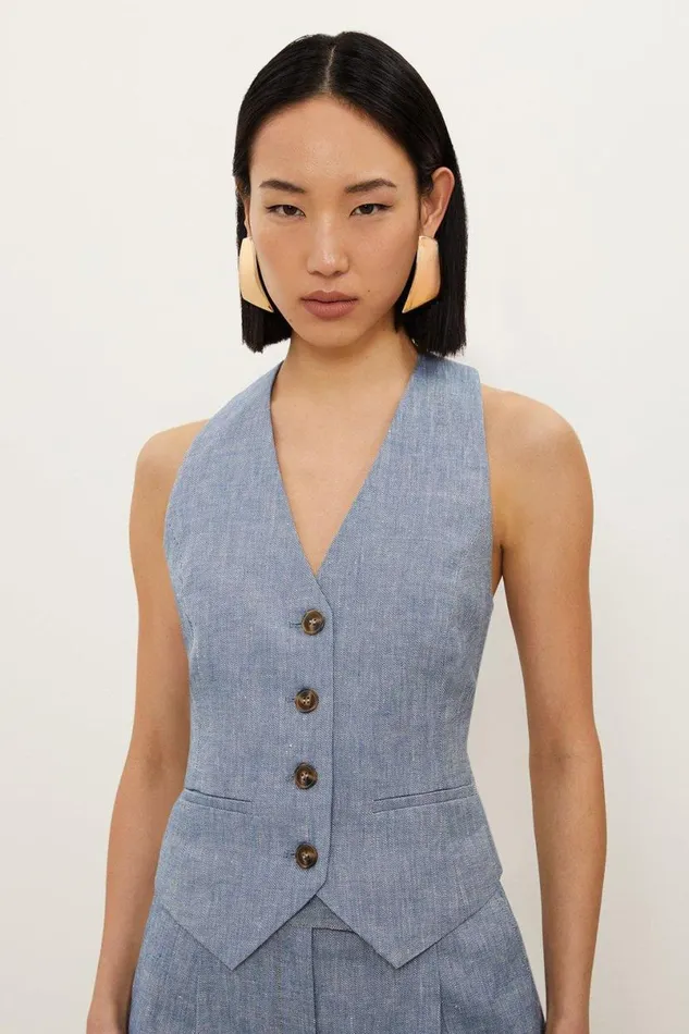 Denim Look Linen Corset Back Detail Tailored Waistcoat Blue Women Karen Millen Tops