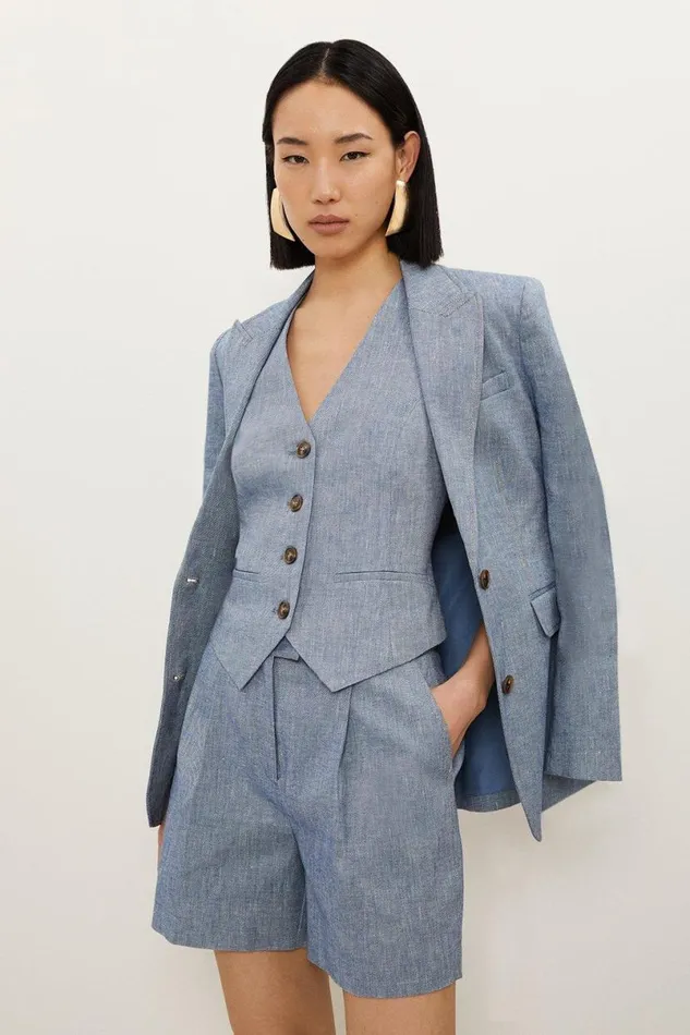 Denim Look Linen Corset Back Detail Tailored Waistcoat Blue Women Karen Millen Tops