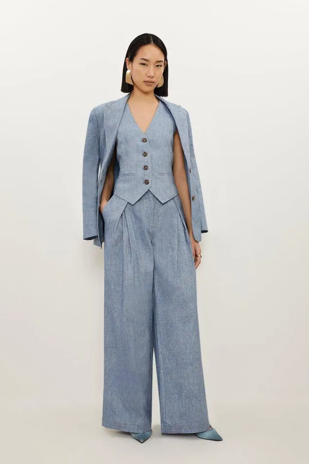 Denim Look Linen Corset Back Detail Tailored Waistcoat Blue Women Karen Millen Tops