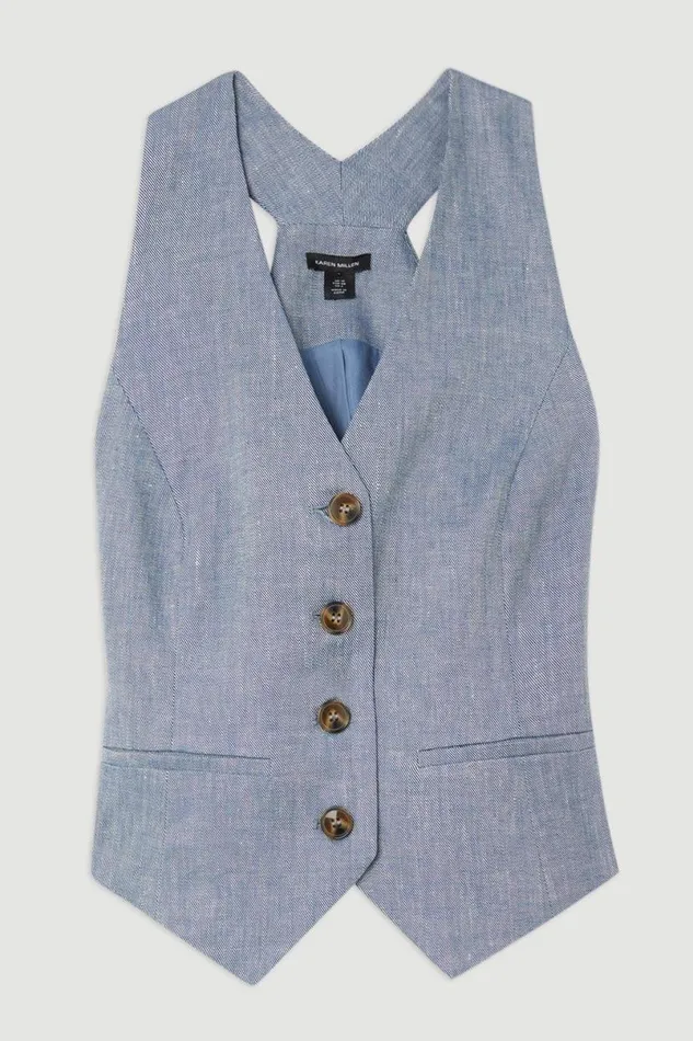 Denim Look Linen Corset Back Detail Tailored Waistcoat Blue Women Karen Millen Tops