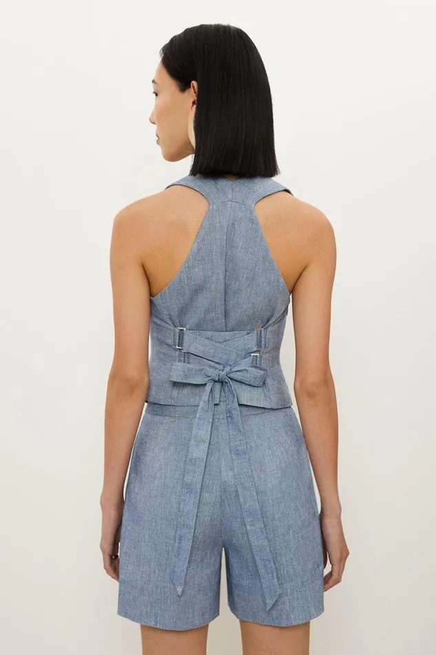 Denim Look Linen Corset Back Detail Tailored Waistcoat Blue Women Karen Millen Tops