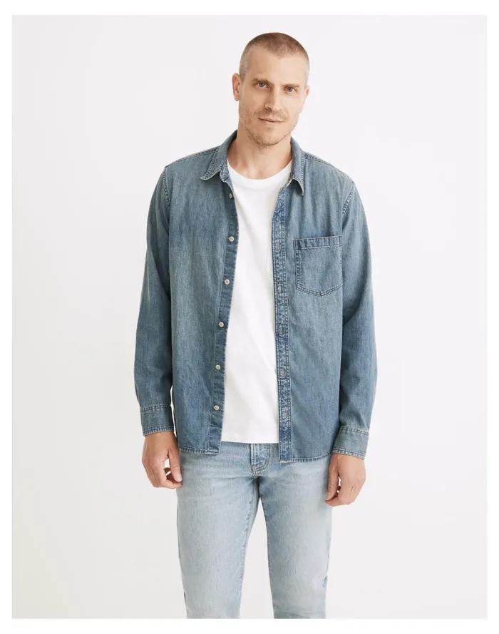 Denim Perfect Long Sleeve Shirt In Tomkins Wash Tomkins Wash Men Madewell Shirts