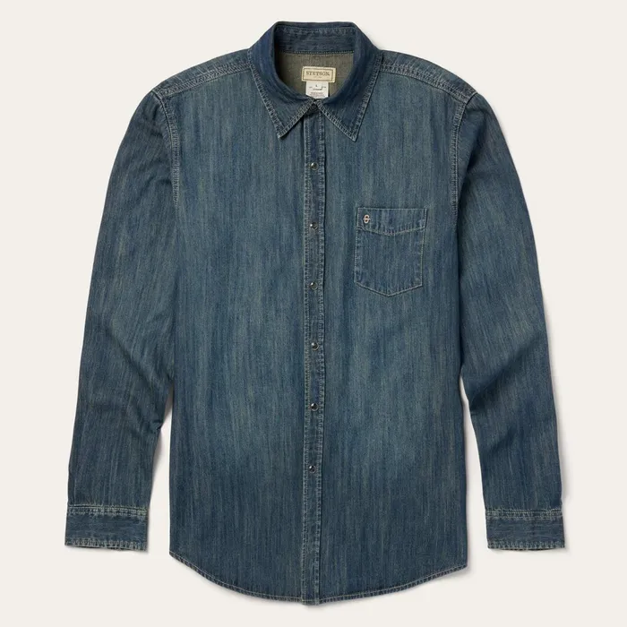 Denim Shirts Men Stetson Dark Denim Western Shirt Blue