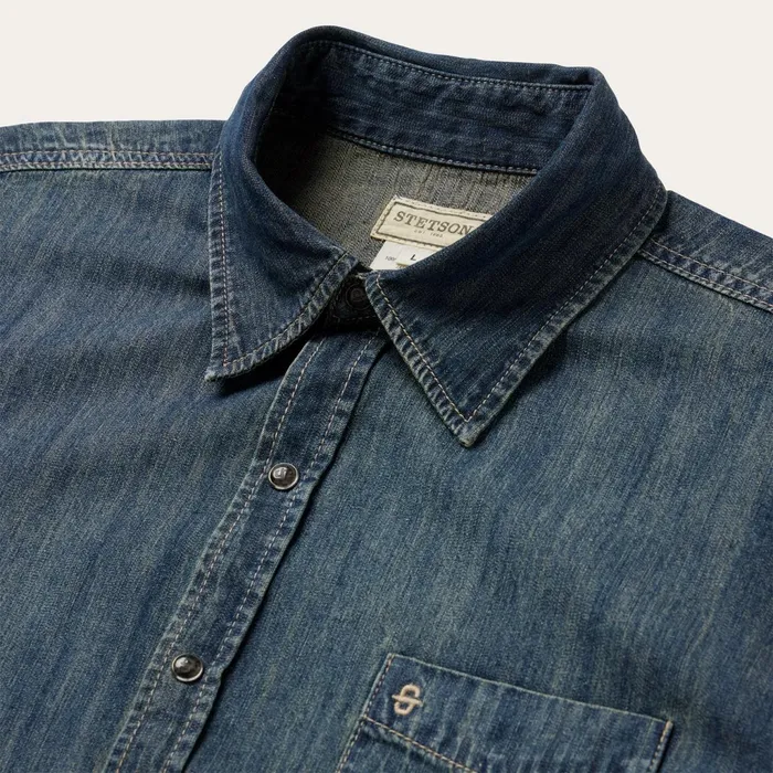 Denim Shirts Men Stetson Dark Denim Western Shirt Blue