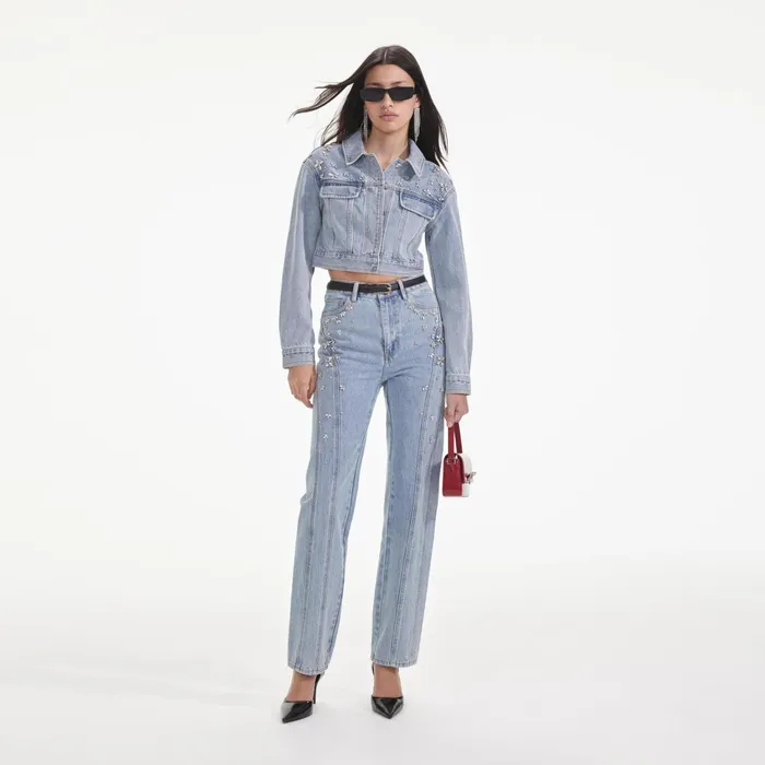 Denim Women Self Portrait Crystal Embellished Denim Jacket