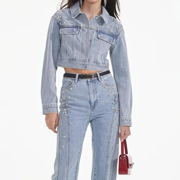 Denim Women Self Portrait Crystal Embellished Denim Jacket