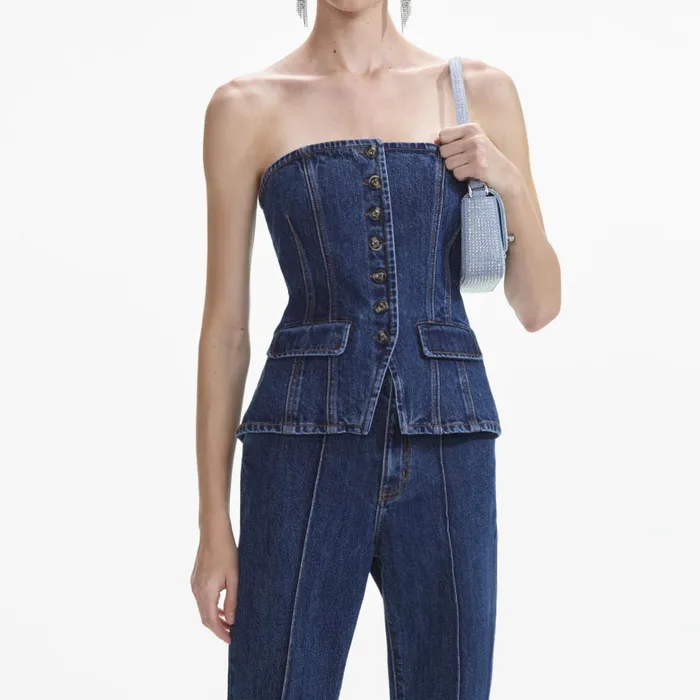 Denim Women Self Portrait Denim Bandeau Jumpsuit