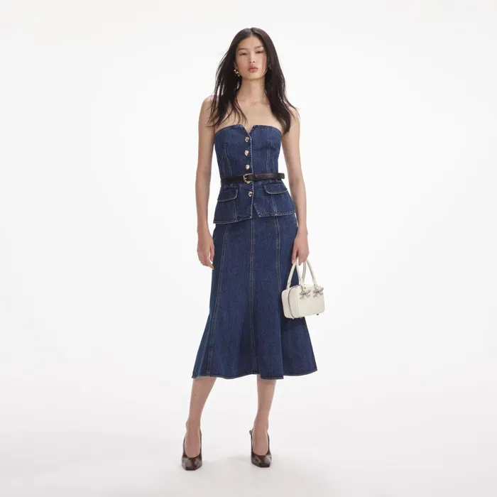 Denim Women Self Portrait Denim Bandeau Midi Dress