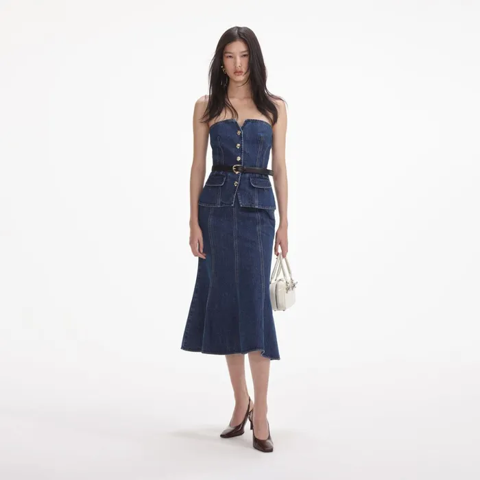 Denim Women Self Portrait Denim Bandeau Midi Dress
