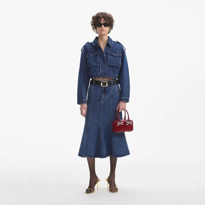 Denim Women Self Portrait Flared Denim Midi Skirt