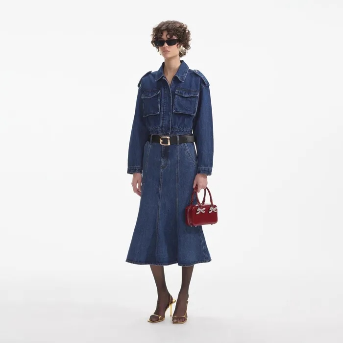 Denim Women Self Portrait Flared Denim Midi Skirt