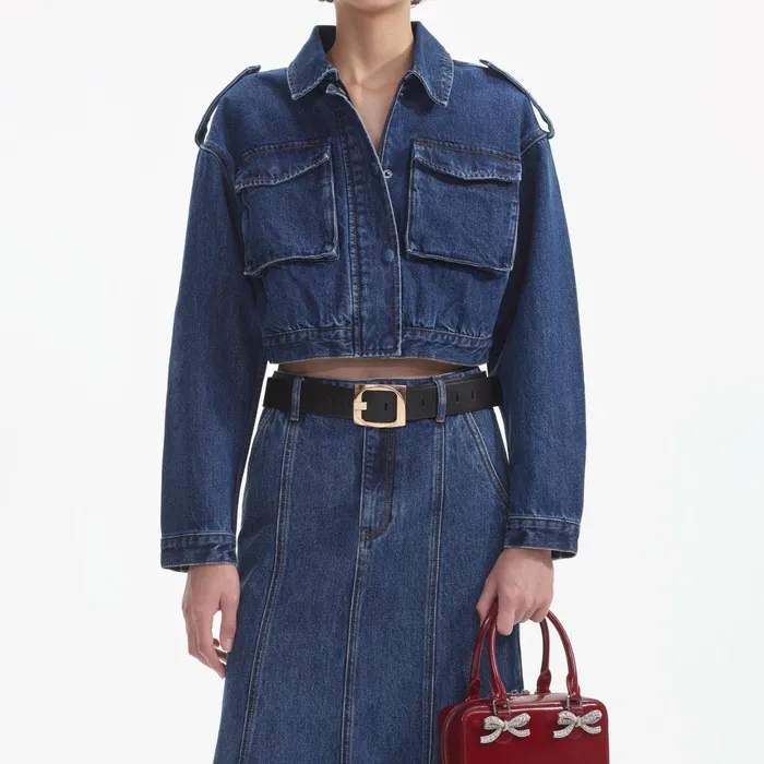 Denim Women Self Portrait Flared Denim Midi Skirt