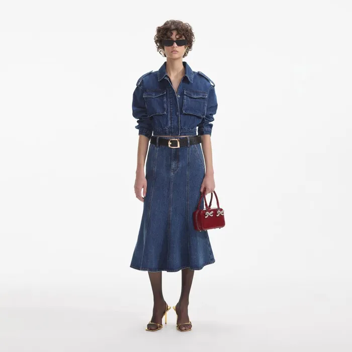 Denim Women Self Portrait Flared Denim Midi Skirt