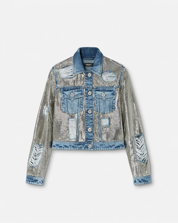 Denim Women Versace Metal Mesh Denim Jacket Silver