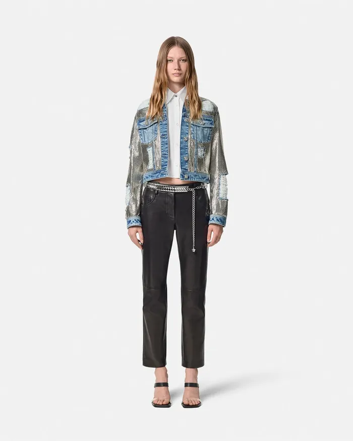 Denim Women Versace Metal Mesh Denim Jacket Silver