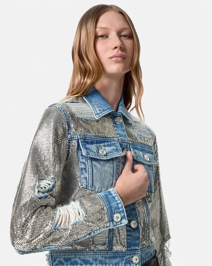 Denim Women Versace Metal Mesh Denim Jacket Silver