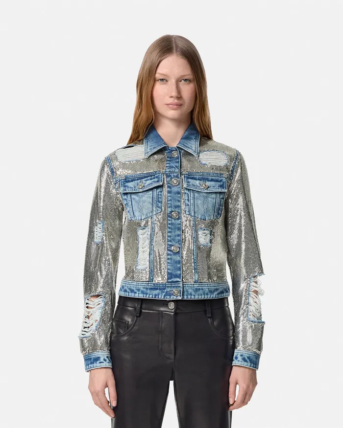 Denim Women Versace Metal Mesh Denim Jacket Silver