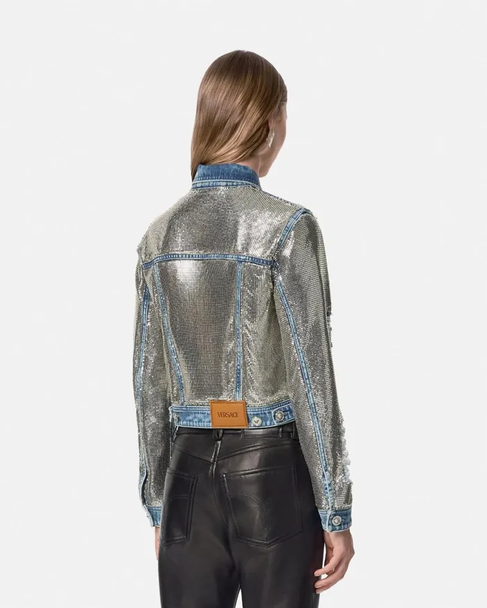 Denim Women Versace Metal Mesh Denim Jacket Silver
