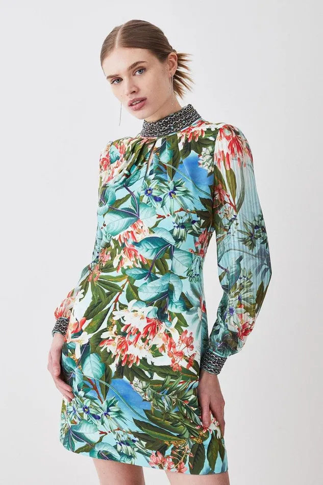 Diamante Trim Palm Floral Woven Mini Dress Green Women Karen Millen Dresses