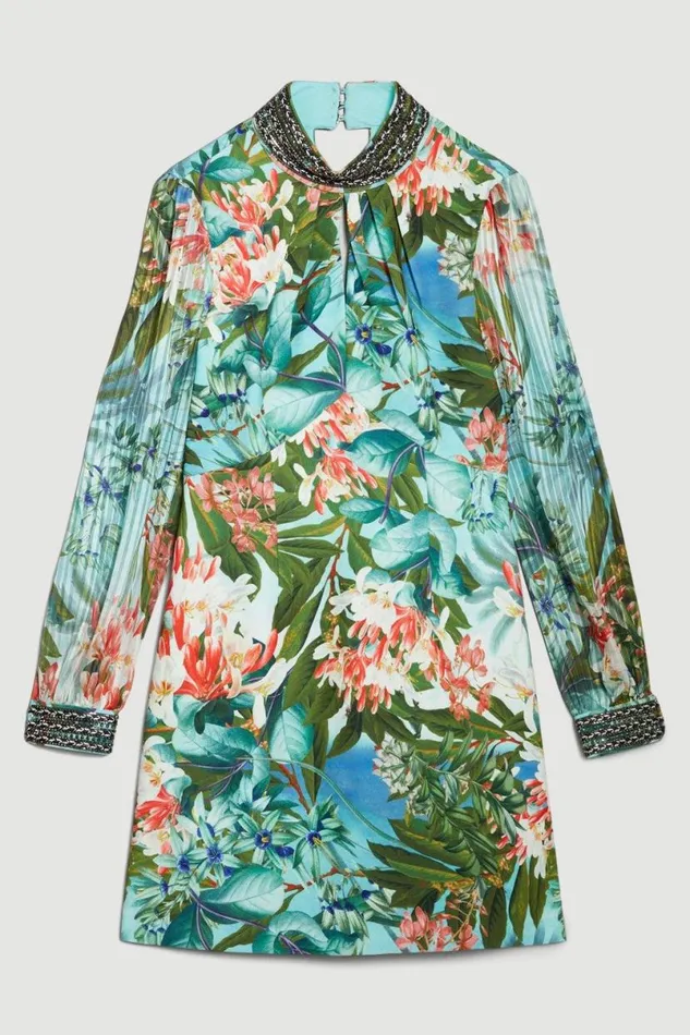 Diamante Trim Palm Floral Woven Mini Dress Green Women Karen Millen Dresses