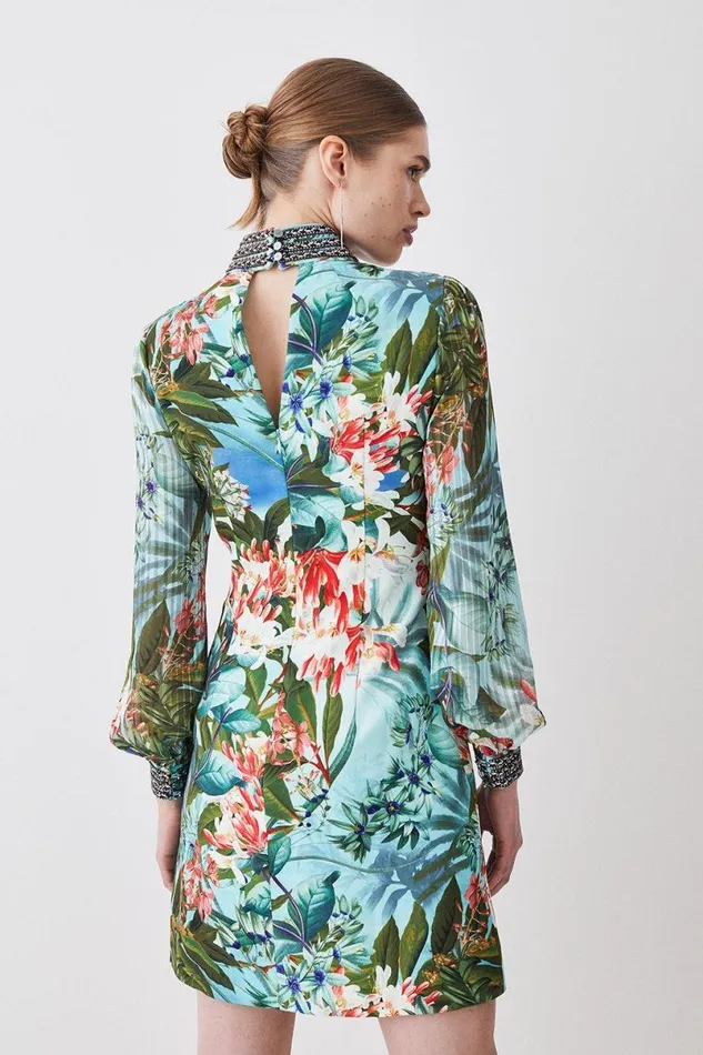Diamante Trim Palm Floral Woven Mini Dress Green Women Karen Millen Dresses