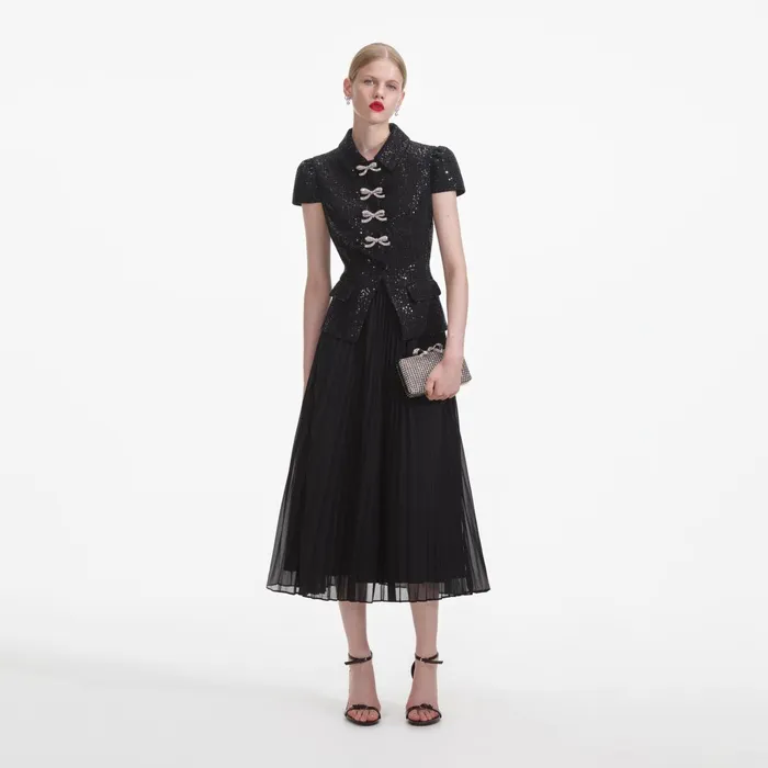 Dresses Women Self Portrait Black Boucle Bow Midi Dress