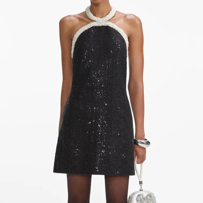 Dresses Women Self Portrait Black Boucle Pearl Trim Mini Dress