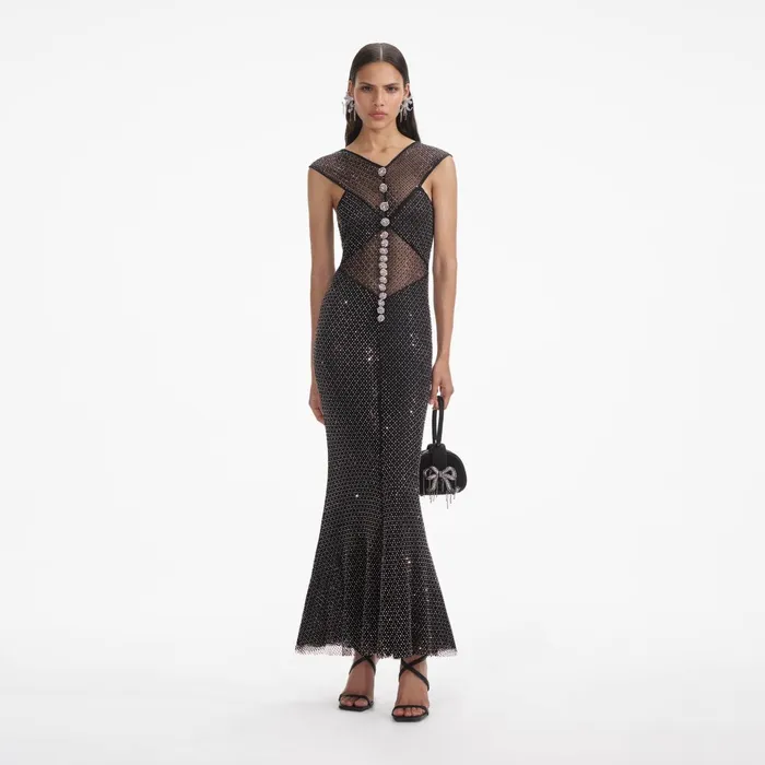 Dresses Women Self Portrait Black Rhinestone Fishnet Crossover Midi Dress