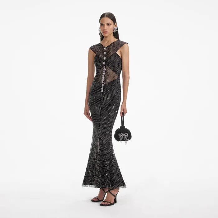 Dresses Women Self Portrait Black Rhinestone Fishnet Crossover Midi Dress
