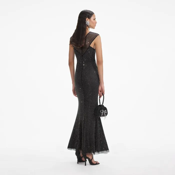 Dresses Women Self Portrait Black Rhinestone Fishnet Crossover Midi Dress