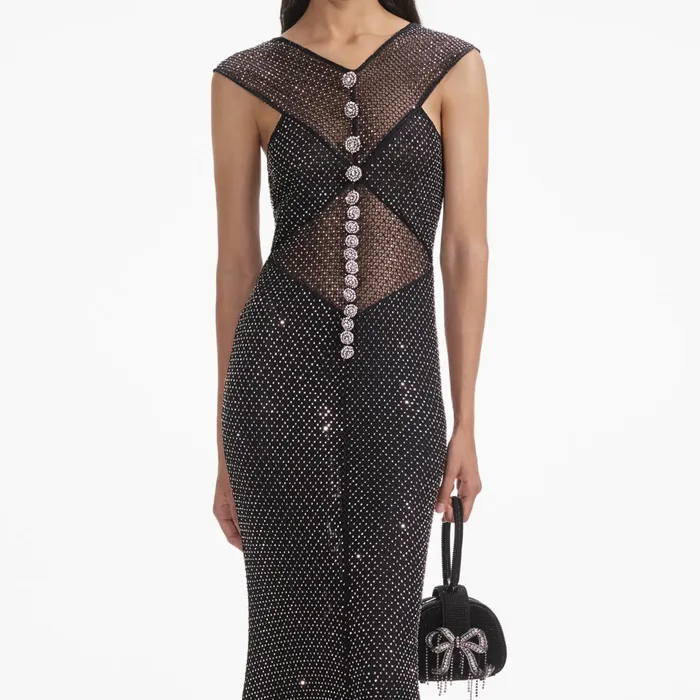 Dresses Women Self Portrait Black Rhinestone Fishnet Crossover Midi Dress