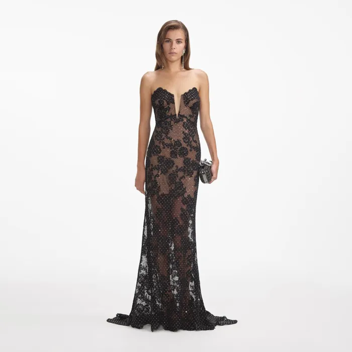 Dresses Women Self Portrait Black Rhinestone Lace Maxi Dress