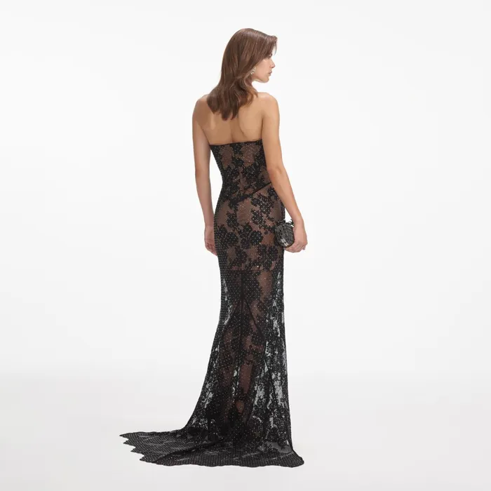Dresses Women Self Portrait Black Rhinestone Lace Maxi Dress