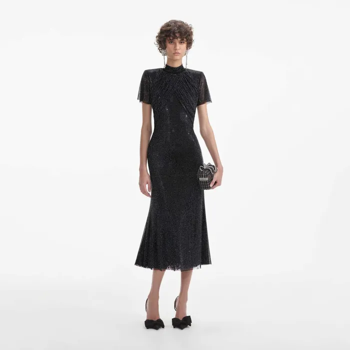 Dresses Women Self Portrait Black Rhinestone Mesh Midi Dress