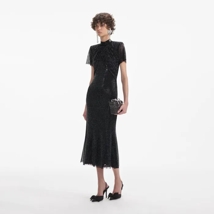 Dresses Women Self Portrait Black Rhinestone Mesh Midi Dress