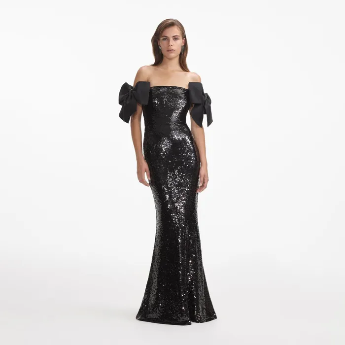 Dresses Women Self Portrait Black Sequin Bow Maxi Dress