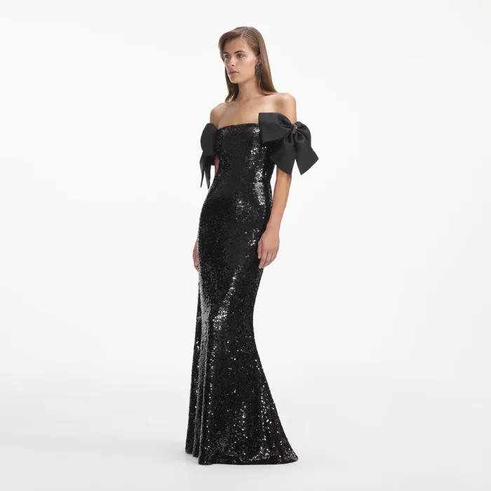 Dresses Women Self Portrait Black Sequin Bow Maxi Dress