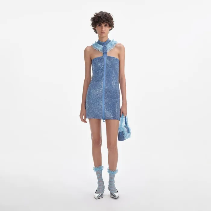 Dresses Women Self Portrait Blue Crystal Chainmail Zip Mini Dress