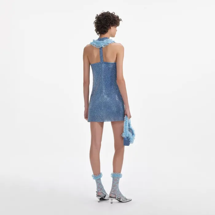 Dresses Women Self Portrait Blue Crystal Chainmail Zip Mini Dress