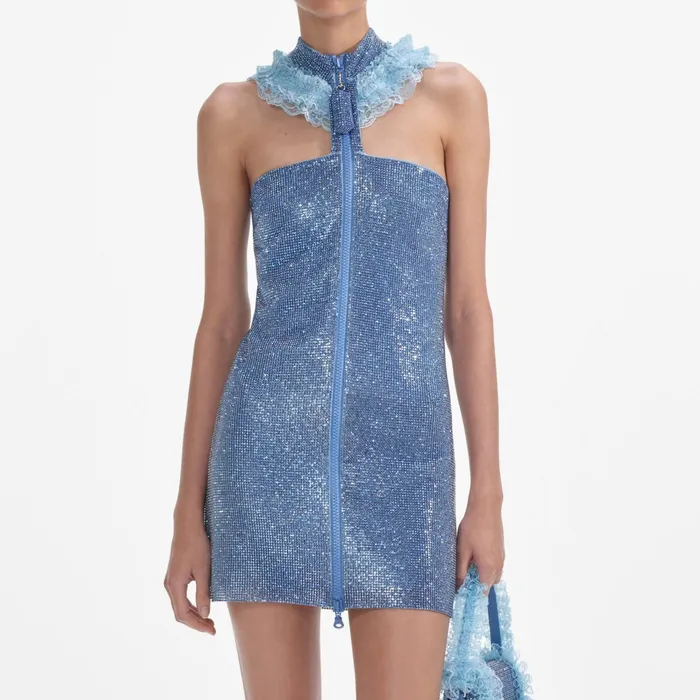 Dresses Women Self Portrait Blue Crystal Chainmail Zip Mini Dress