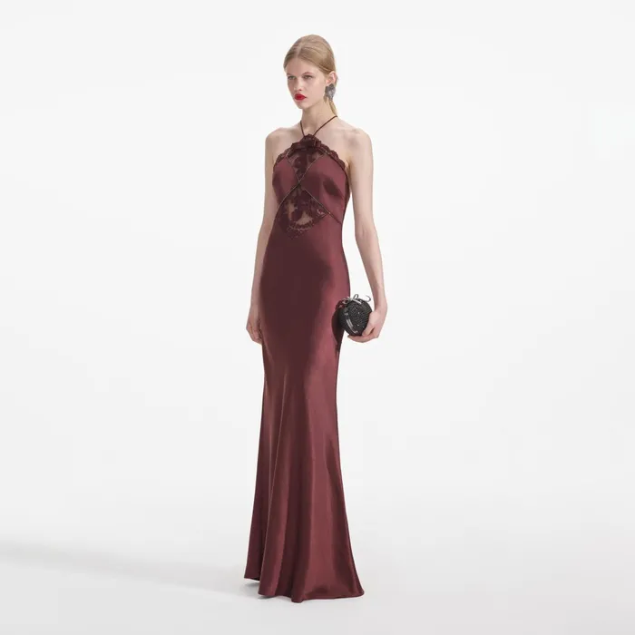 Dresses Women Self Portrait Brown Satin Maxi Dress