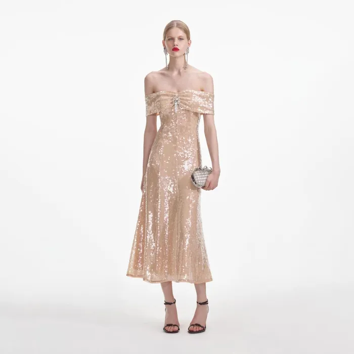 Dresses Women Self Portrait Gold Sequin Off Shoulder Midi Dress