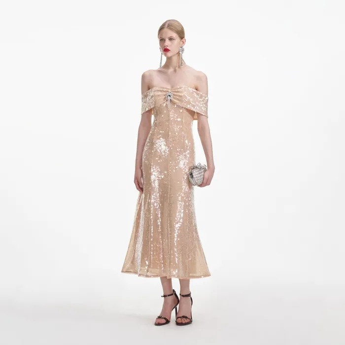 Dresses Women Self Portrait Gold Sequin Off Shoulder Midi Dress