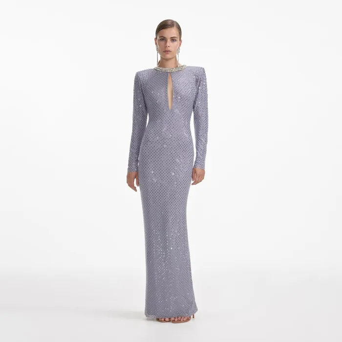 Dresses Women Self Portrait Grey Rhinestone Fishnet Maxi Dress