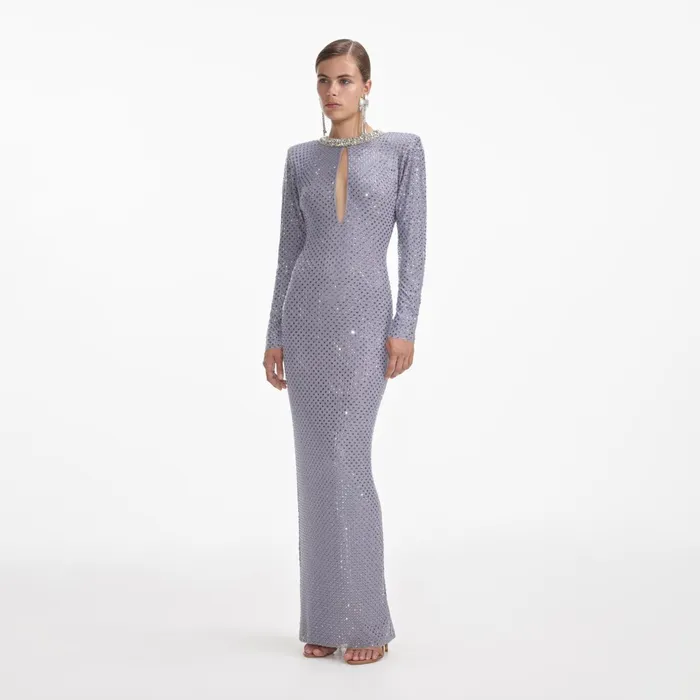 Dresses Women Self Portrait Grey Rhinestone Fishnet Maxi Dress